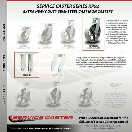 Service Caster 12'' Heavy Duty Semi Steel Cast Iron Caster Set 2 Swivel Locks 2 Rigid, 4PK CRAN-SCC-KP92S1230-SSR-BSL-2-R-2